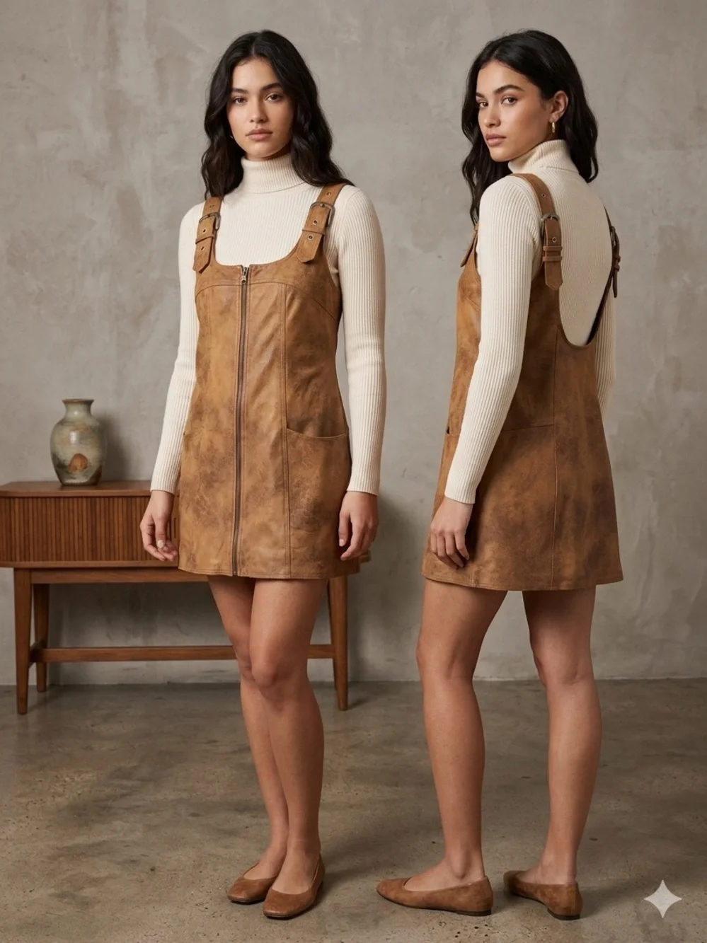 Free People Tan Faux Leather Pinafore Dress with Front Zip